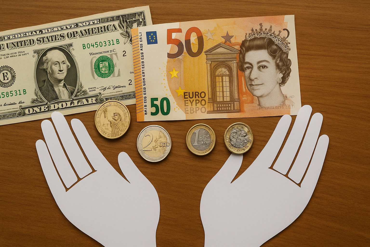 Banknotes and coins of different currencies (USD, EUR, GBP) on a table with paper hands